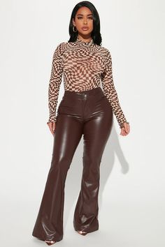 Call It Even Wide Leg Dress Pants - Chocolate | Fashion Nova, Pants | Fashion Nova Leather Flare Pants, Faux Leather Pant, Celana Fashion, Fashion Nova Jumpsuit, Chocolate Fashion, Leather Outfits, High Waisted Dress Pants, Flattering Outfits, Wide Leg Dress Pants