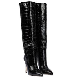 Make your choice of footwear the focal point of your look with these croc-effect knee-high boots from Paris Texas. Made from polished black leather, they arrive in a pull-on silhouette with narrow shafts. Style yours with glossy silk skirts for a contrast of textures. | Paris Texas Croc-effect leather knee-high boots Pink Knee High Boots, Pu Boots, Snake Leather, Black Knee High Boots, Paris Texas, Black Knees, Knee High Leather Boots, Party Shoes, High Heel Boots