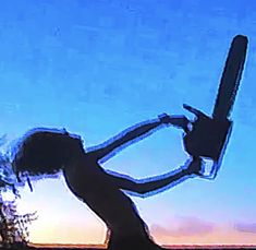 a woman holding a large knife in her hand while standing next to a tree at sunset