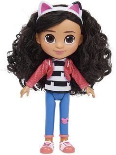 a doll with long black hair wearing a striped shirt and cat ears on it's head