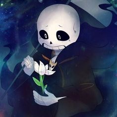 a skeleton holding a flower in its hand and looking at the camera with an evil look on his face