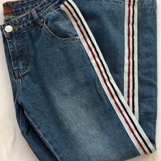 Super Wide Leg Denim. So Cute! Red And Black Stripe Detail On Side Casual Striped Denim Jeans, Trendy Striped Denim Jeans, Casual Red Flare Jeans, Casual Striped Jeans For Fall, Casual Red Denim Jeans, Libra Mars, Jean Color, Cute Pants, Denim Diy