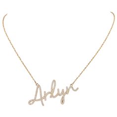 14K Solid Gold Diamond Personalized Name "Arlyn" Adjustable Rolo ChainMade from high-quality 14K gold, this necklace exudes luxury and sophistication. The delicate Rolo chain adds a touch of finesse to the design, creating a piece that effortlessly enhances any outfit, whether it's for everyday wear or special occasions.Weight: 5.8 gMaterial: 14K Yellow GoldLength: 16"-17" Adjustable- 20mm Long PendantWidth: 2" PendantDiamonds: 115 x 0.005Ctw=0.58CtwColor and Clarity: H/I1Total Carat Weight: 0.5 Elegant Personalized Yellow Gold Chain Necklace, Elegant Gold Name Necklace With Cable Chain, Personalized White Gold Elegant Chain Necklace, Personalized Elegant White Gold Chain Necklace, Luxury Gold Name Necklace With Diamond Accents, Formal Elegant Name Necklace With Diamond Accents, Elegant Yellow Gold Name Necklace With Delicate Chain, Luxury Yellow Gold Name Necklace With Diamond Accents, Elegant Gold Name Necklace With Diamond Accents