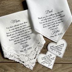 two personalized handkerchiefs with hearts on them and a mother's day poem