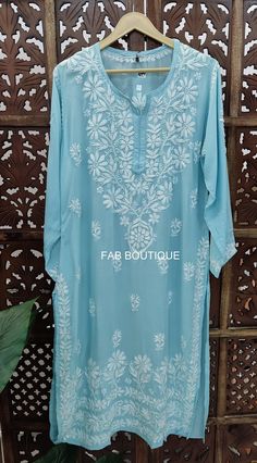 ▪ Kurti Fabric: Modal ▪ Kurti Length: 44-46 Inches ▪ Sleeves: 3/4 Sleeves ▪ Style: Straight Kurti ▪ Occasions: Party Wear, Office Wear, Festive Wear ▪ Garment Care: Hand Wash Only ▪ Price Includes: 1x Kurti Fitted Light Blue Chikankari Kurta, Light Blue Straight Kurta With Zari Work, Blue Bohemian Salwar Kameez With Pallu, Bohemian Blue Salwar Kameez With Pallu, Light Blue Straight Kurta With Resham Embroidery, Light Blue Embroidered Kurta For Summer, Bohemian Blue Salwar Kameez For Diwali, Light Blue Kurta For Summer Festivities, Light Blue Embroidered Summer Kurta