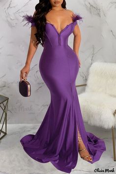 Olivia Mark - Elegant Plum V-Neck Evening Gown with Exquisite Feather Patchwork Color Floor, Dress Sleeve Length, Evening Dresses With Sleeves, Formal Cocktail Dress, Dresses Cheap, Feather Dress, Dinner Dress, Maxi Dress Evening, Dress Evening