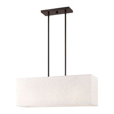 a rectangular light fixture with a white shade on the bottom and two black bars hanging from it