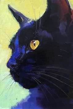 a painting of a black cat with yellow eyes