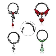 four different types of piercings with red, green and silver charms on each one