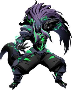 an anime character with purple hair and green lightnings on his body, standing in front of