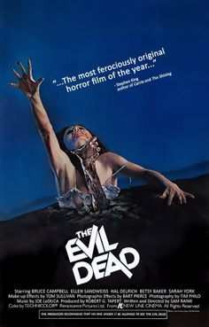 an old movie poster for the evil dead, with a woman reaching up to her head