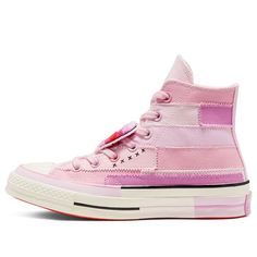 Introducing the limited edition Converse Wmns Chuck Taylor All Star Hi by Millie Bobby Brown. This women's sneaker comes in a beautiful Petal Pink colourway, with tonal eyelets and signature All-Star badges. Interchangeable heart patches are attached to the laces, adding a sweet touch. The sneaker sits on a vulcanized rubber sole which features variegated foxing tape and side strips. This (SNKR/Retro/Casual/Unisex/High Top) Pink Lady, Cute Stars, Aesthetic Shoes, Kinds Of Shoes, Latest Sneakers, Bobby Brown, Millie Bobby Brown, Pink Pink, Stylish Sneakers