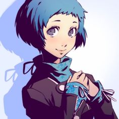 an anime character with blue hair and black clothes