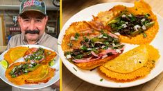 a man holding a plate with food on it next to a photo of the inside of a restaurant