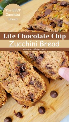 the best chocolate chip zucchini bread is cut in half on a cutting board