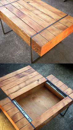 two different views of a coffee table made out of wooden planks and metal legs