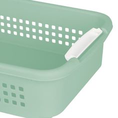 a green plastic basket with a white handle