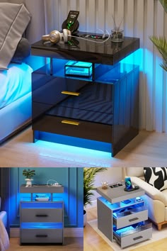 the side table is lit up with blue light and has drawers on each side for storage