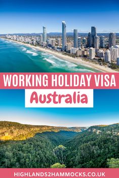 australia with the words working holiday visa australia in front of it and an aerial view of sydney