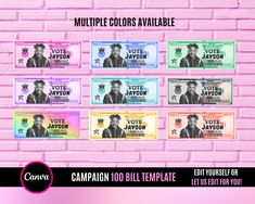 a pink brick wall with several different colored license plates on it and the words campaign 100 bill template