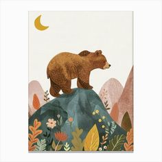 a brown bear standing on top of a mountain next to a moon and tree filled forest