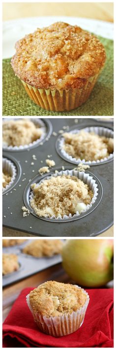 an apple muffin is shown in three different pictures