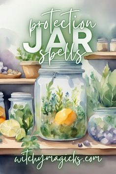 an image of jars with plants and lemons in them