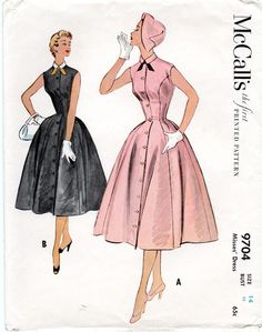 Original vintage McCall's sewing pattern is cut, counted and complete. Sleeveless dress with full button front, princess seaming and brief rounded collar. Inset pockets in side seams. Purchased hat. Misses' Size 14; Bust 32; Waist 26.5; Hip 34. Envelope and contents have light age toning; overall nicely preserved. Copyright 1954. Stored and shipped in a clear, resealable, archival envelope and backing board. Reminder: This is a manufactured, original pattern. Not a copy or PDF. This is a paper s Flare Dress Pattern, Mccalls Patterns Dress, Vintage Dress Patterns, Full Skirt Dress, Dress Making Patterns, 1950s Style, Motif Vintage, Mccalls Sewing Patterns