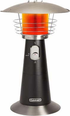 an outdoor heater that is on top of a metal stand with a red light