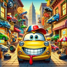 a cartoon car with a tie on in the middle of a busy city street filled with cars