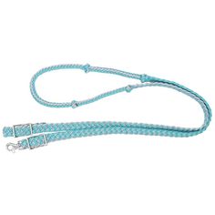 a blue leash with silver buckles on it