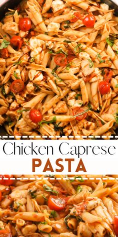 chicken caprese pasta in a pan with tomatoes and parsley