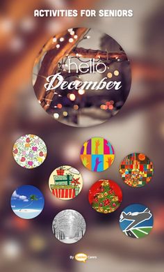 a poster with different pictures and words on it, including the words hello december written in white