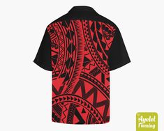 "IF YOU NEED YOUR ITEMS TO ARRIVE BY SPECIFIC DATE PLEASE UPGRADE TO EXPRESS SHIPPING AT THE CART. This stunning Polynesian Samoan shirt with short sleeve is featuring red on black tribal design on black background. If you would rather this shirt was in another color or combination of colors please get in touch and let me know and I will do my best to accommodate you. This unique and eye catching Hawaiian shirt with short sleeves is the perfect shirt for daytime or evening casual wear. The shirt Traditional Black Printed Shirt, Black Hawaiian Camp Shirt With Graphic Print, Black Hawaiian Shirt With Graphic Print, Black Hawaiian Printed T-shirt, Traditional Printed Black Tops, Traditional Black Printed Top, Black Hawaiian Printed Shirt, Black Relaxed Fit Hawaiian Shirt, Black Hawaiian Camp Shirt With All Over Print