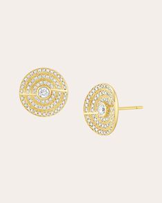 Designed for maximum sparkle and shine, these circular stud earrings detail their polished 18-karat gold base with an ombréd array of pavé champagne diamonds. From Jennifer DeMoro's Color Wave Collection, pieces inspired by the groovy art, bohemian style and carefree spirit of the '70s. Post-back closure High-polish finish 18k yellow gold and champagne diamond Carat: 0.906 ctw Polish with soft cloth Made in Thailand Measurements Diameter: 14mm Groovy Art, Gold Champagne, Color Wave, Diamond Carat, Champagne Diamond, Champagne Gold, Diamond Earrings Studs, Bohemian Style, Champagne