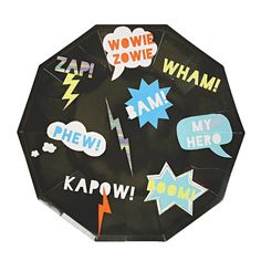 a black umbrella with various stickers on the top and bottom of it that says wow, wham, kapow, zoom