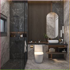 a modern bathroom with marble walls and flooring