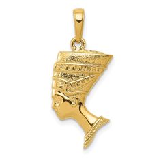 Introducing our stunning 14k Yellow Gold 3-D Nefertiti Pendant! Crafted with the highest quality precious metal, this pendant boasts a solid, durable design that will last for years to come. Measuring 28mm in length and 14mm in width, this exquisite piece showcases a beautifully detailed 3D design that captures the essence of the iconic Nefertiti. Perfect for anyone who loves elegant and sophisticated jewelry, this pendant is a must-have addition to any collection. So why wait? Treat yourself or a loved one to this stunning piece of jewelry today!  Precious Metal Type: 14k Yellow Gold Weight: 3.89 GM Material: Primary - Purity:14k Length of Item:28 mm Feature:Solid Manufacturing Process:Casted Material: Primary:Gold Width of Item:14 mm Product Type:Jewelry Jewelry Type:Pendants & Charms So Sophisticated Jewelry, Locket Charms, Magnetic Bracelet, Clover Leaf, 10k Gold, 3d Design, Precious Metals, Types Of Metal, Peru