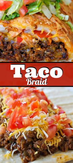 taco bread with cheese, lettuce and tomato on top is shown in three different pictures