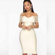 Fashion Nova Dolled Up For You Bandage Midi Dress-Small - Nwt Color: Ivory Bandage Midi Dress Off Shoulder Zip Back Stretch 92% Polyester 8% Spandex Elegant Cream Off-shoulder Dress, Elegant Off-shoulder Cream Mini Dress, Elegant Cream Off-shoulder Mini Dress, Off White Midi Mini Dress For Party, Cream Off-shoulder Party Dress, Cream Midi Mini Dress For Date Night, Elegant Cream Bodycon Party Dress, Cream Knee-length Dress For Date Night, Fitted Off-shoulder Cream Dress