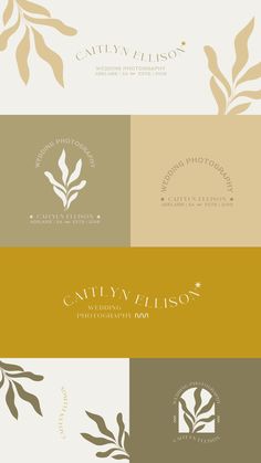 four different logos with leaves on them, one is gold and the other is white