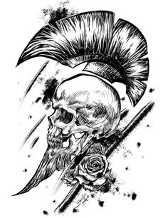 a skull with a mohawk and a rose on it's head is shown in black ink