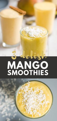 mango smoothies in small glass cups with text overlay