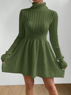 Solid Color Turtleneck Sweater Dress For Autumn & Winter Army Green Casual  Long Sleeve Knitwear Plain  Slight Stretch  Women Clothing, size features are:Bust: ,Length: ,Sleeve Length: Cute Winter Dresses Casual, Winter Work Dresses, Woolen Dresses Winter For Women, Winter Dresses Casual, Cute Winter Dresses, Dress For Autumn, Green Sweater Dress, Woolen Dresses, Green Knit Sweater