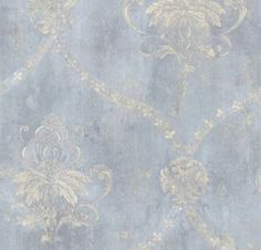 a blue and gold wallpaper with an ornate design