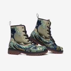 The Great Wave off kanagawa - Hokusai- Lace up Vegan Boots with Rubber Sole - ukiyo-e Fine Art  - Casual Lightweight boots - Free Shipping! For Sale, a beautiful pair of vegan leather boots printed over with "The Great Wave off kanagawa" by artist Hokusai.  "All over Print design twisted out of shape for better representation". * Made of Vegan Leather. * Lace-up combat boot featuring rubber sole. * Padded collar for added comfort, wearing soft and comfortable. * Wide Fit * Perfect for everyday wearing and to show a unique sense of style. Our Shoes is Made to Order and well-crafted by our manufacturer.  Please read attached Picture for Size Guide carefully Before buying** * US Delivery Time: 2 - 3 Weeks * International Delivery Time: 2 - 4 Weeks Tracking: We will email tracking number after All Over Print Design, Over Print Design, Lightweight Boots, Vegan Leather Boots, The Great Wave, Great Wave Off Kanagawa, Vegan Boots, Lace Up Combat Boots, Boot Print