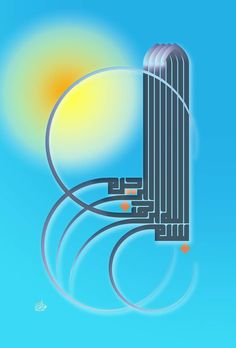 an illustration of a building with multiple spirals in front of the sun on a blue sky background