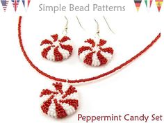 a red and white beaded necklace and earring set with candy canes on it