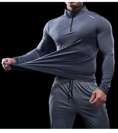 Stand Collar Zipper Long Sleeve Men’s Fitness T Shirt Gray Long Sleeve Breathable T-shirt, Athletic Fit Sportswear Tops For Outdoor Activities, Athletic Fit Tops For Outdoor Sportswear, High Stretch Sportswear Top For Outdoor Activities, High Stretch Moisture-wicking Tops For Outdoor Activities, Gray Long Sleeve Workout T-shirt, Stretch Sweat Resistant Tops For Outdoor Activities, Long Sleeve Athletic Heather Activewear For Training, Athletic Heather Long Sleeve Gym Top