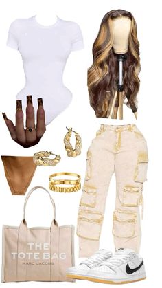 Mustard cargo jeans, beige marc jacobs tote bag, nike sb dunks, gold jewelry, honey blonde lace front #womensoutfits #tote #nike #gold #frontal #amazonaffiliate Outfit Ideas For Homecoming, Jacket Outfit Women, Cute Outfits With Jeans, Cute Nike Outfits, Fasion Outfits, Effortlessly Chic Outfits, Cute Comfy Outfits, Streetwear Fashion Women, Simple Trendy Outfits